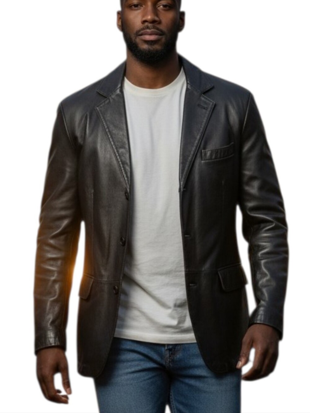 Vintage Jos A Bank Leather Blazer Jacket Men XL Black 3 Button 90s Y2K Shaft